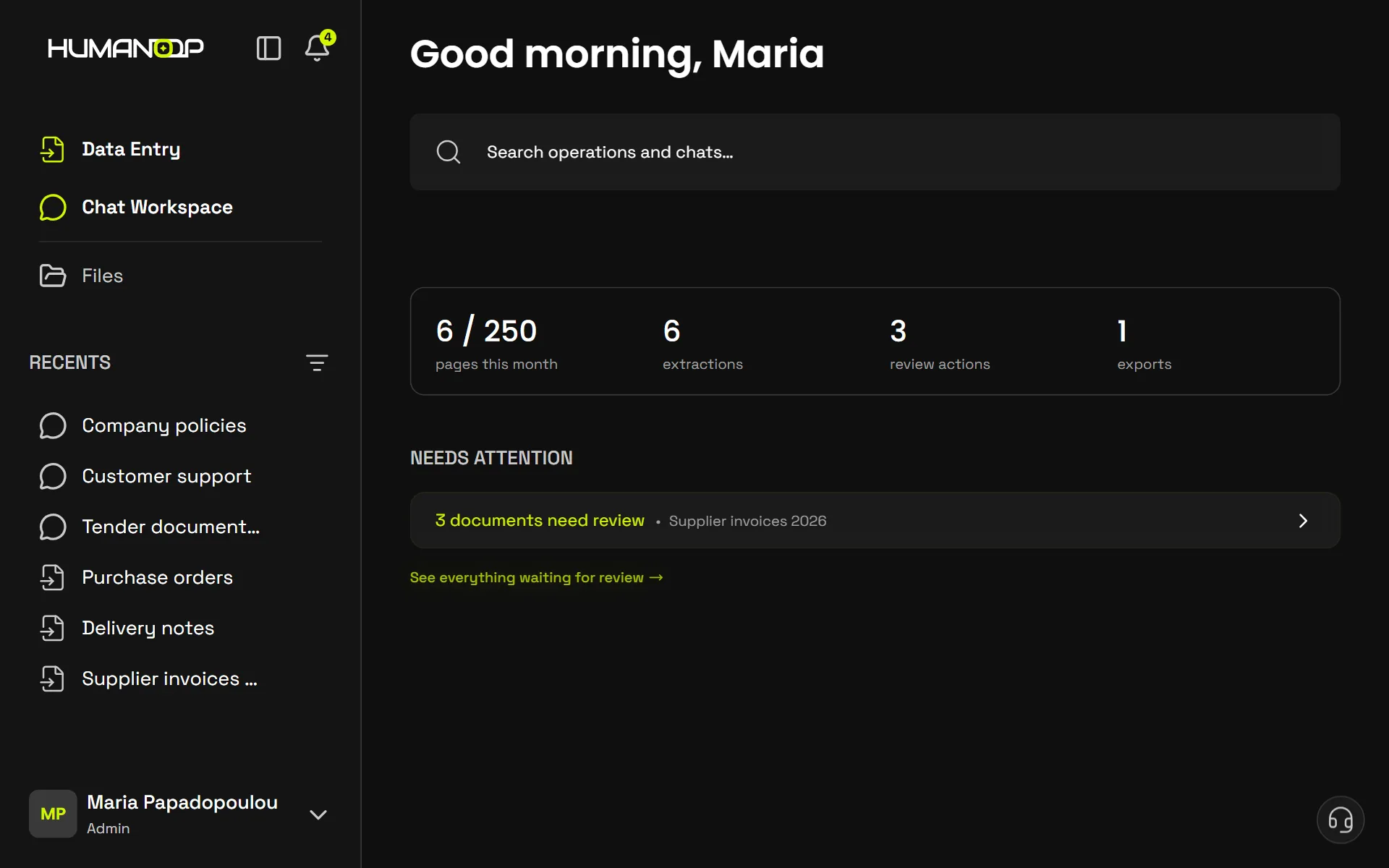 HUMANOOP: one workspace with Data Entry and Chat Workspaces side by side